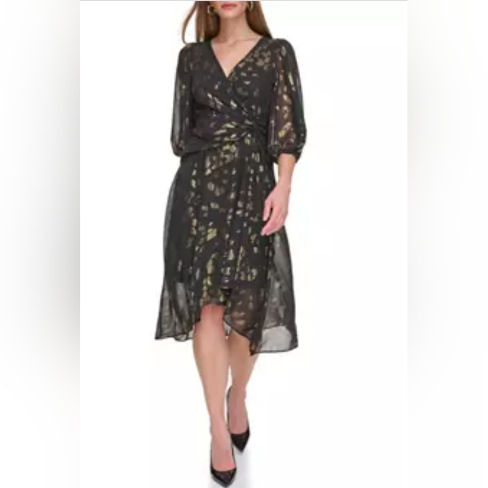 DKNYWomen's V-Neck Side-Twist 3/4-Sleeve High-Low Dress